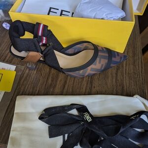 Fendi Black and Brown Mesh Slingback Heels